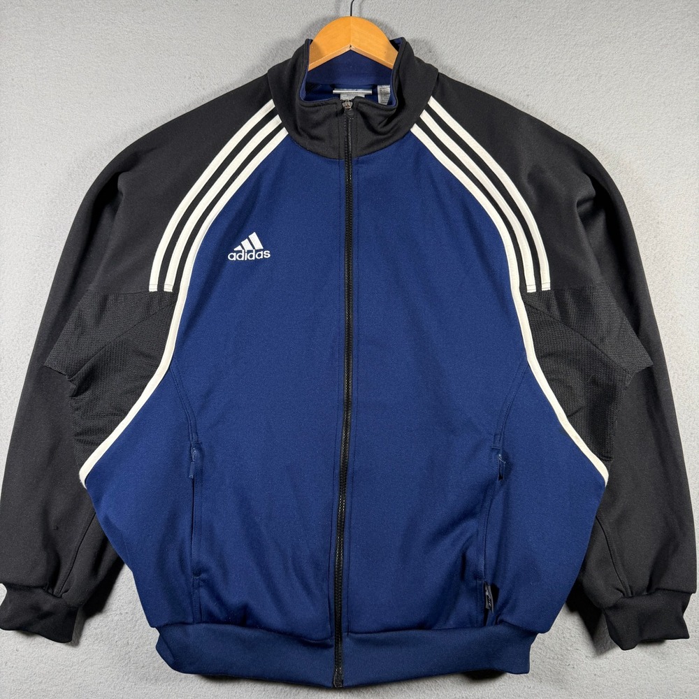 Adidas Mens XL Blue Black Colorblock Full Zip Track Jacket 3 Stripe 14064